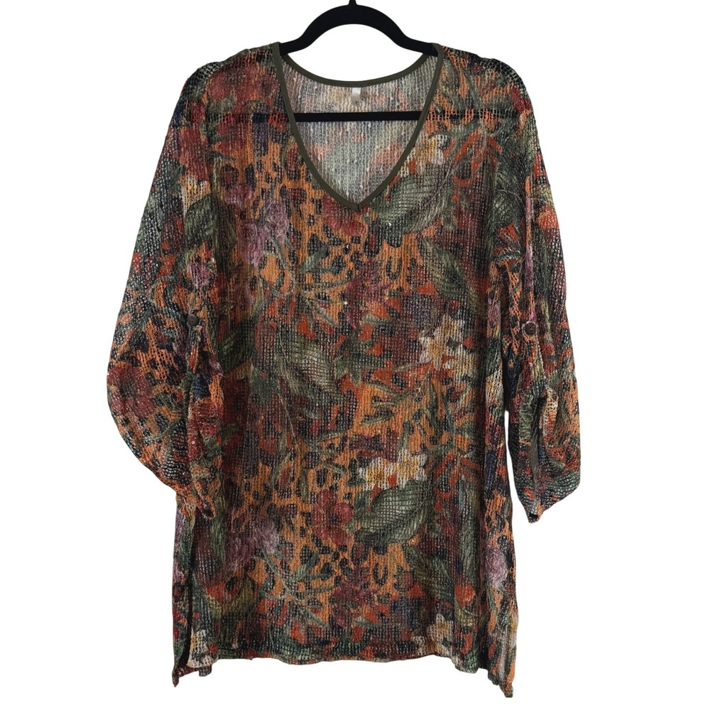 Mirror Image Tunic Sz 3X Mesh Floral Print Artsy Summer Over Up Boho Top